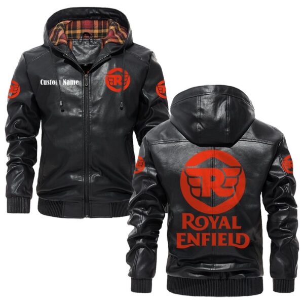 Custom Name Royal Enfield PU Leather Hooded Jacket – Personalized Logo Car Motorcycle Model