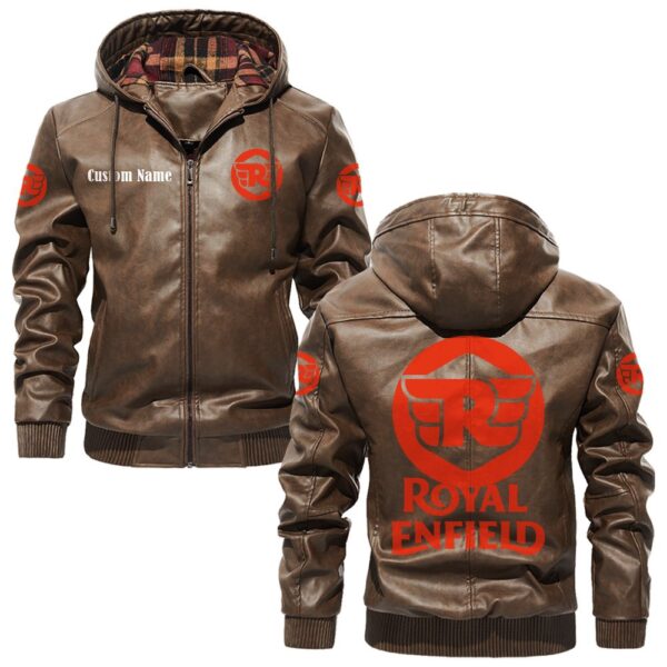 Custom Name Royal Enfield PU Leather Hooded Jacket – Personalized Logo Car Motorcycle Model - Image 3