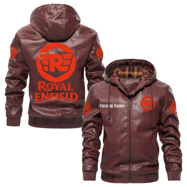 Custom Name Royal Enfield PU Leather Hooded Jacket – Personalized Logo Car Motorcycle Model - Image 2