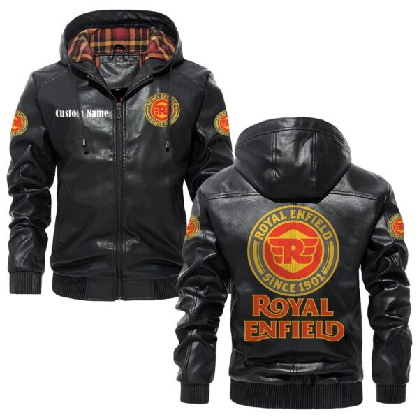 Custom Name Royal Enfield 2 PU Leather Hooded Jacket – Personalized Logo Car Motorcycle Model