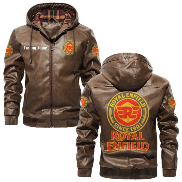 Custom Name Royal Enfield 2 PU Leather Hooded Jacket – Personalized Logo Car Motorcycle Model - Image 3