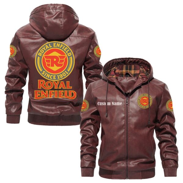 Custom Name Royal Enfield 2 PU Leather Hooded Jacket – Personalized Logo Car Motorcycle Model - Image 2