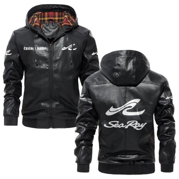 Custom Name Sea Ray PU Leather Hooded Jacket – Personalized Logo Car Motorcycle Model