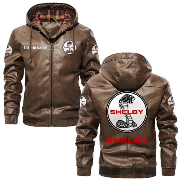 Custom Name Shelby PU Leather Hooded Jacket – Personalized Logo Car Motorcycle Model - Image 3