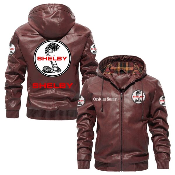 Custom Name Shelby PU Leather Hooded Jacket – Personalized Logo Car Motorcycle Model - Image 2