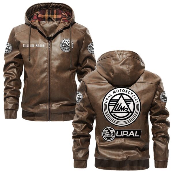 Custom Name Ural Motorcycles PU Leather Hooded Jacket – Personalized Logo Car Motorcycle Model - Image 3