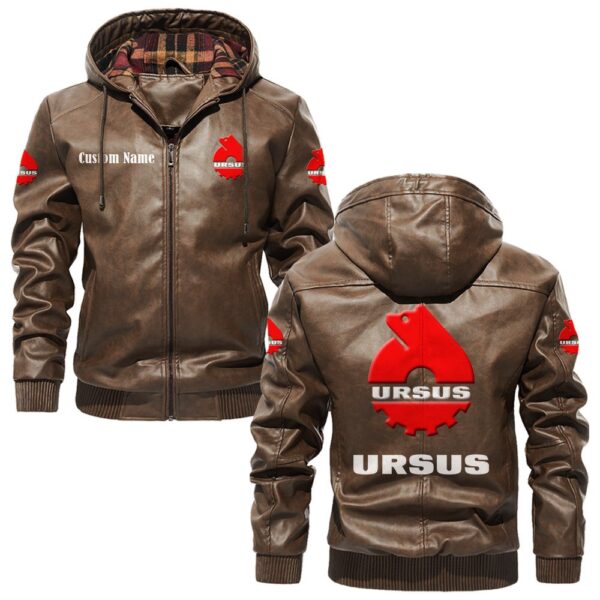 Custom Name Ursus PU Leather Hooded Jacket – Personalized Logo Car Motorcycle Model - Image 3
