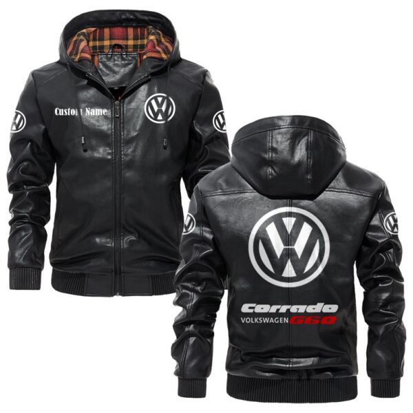 Custom Name Volkswagen Corrado G60 PU Leather Hooded Jacket – Personalized Logo Car Motorcycle Model