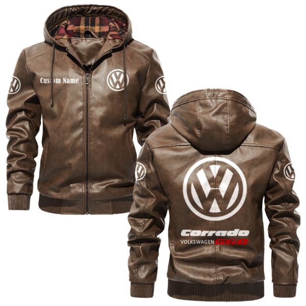 Custom Name Volkswagen Corrado G60 PU Leather Hooded Jacket – Personalized Logo Car Motorcycle Model - Image 3