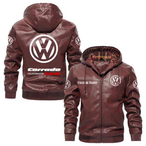 Custom Name Volkswagen Corrado G60 PU Leather Hooded Jacket – Personalized Logo Car Motorcycle Model - Image 2