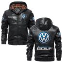Custom Name Volkswagen Golf PU Leather Hooded Jacket – Personalized Logo Car Motorcycle Model