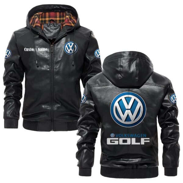 Custom Name Volkswagen Golf PU Leather Hooded Jacket – Personalized Logo Car Motorcycle Model