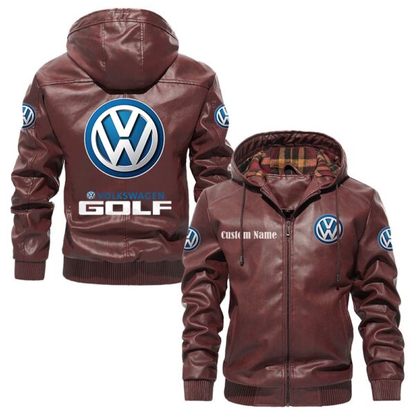 Custom Name Volkswagen Golf PU Leather Hooded Jacket – Personalized Logo Car Motorcycle Model - Image 2