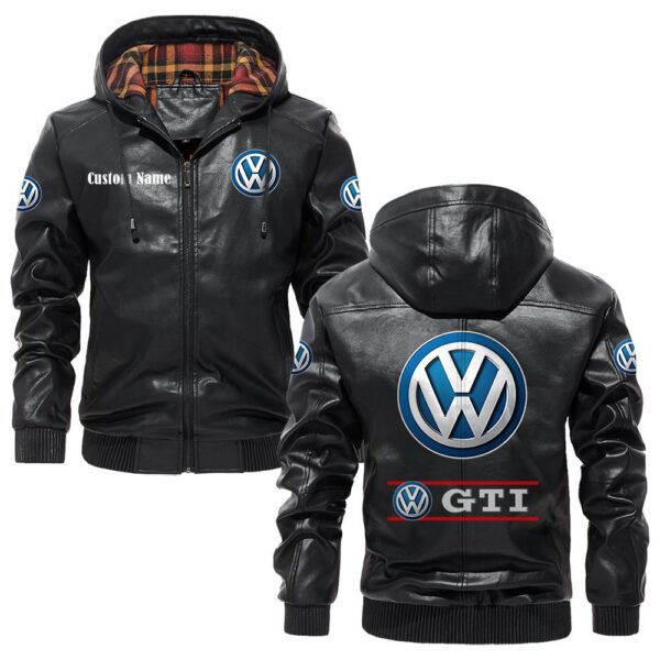 Custom Name Volkswagen Gti PU Leather Hooded Jacket – Personalized Logo Car Motorcycle Model