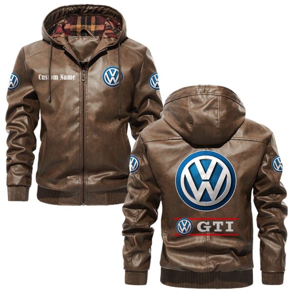 Custom Name Volkswagen Gti PU Leather Hooded Jacket – Personalized Logo Car Motorcycle Model - Image 3
