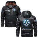 Custom Name Volkswagen Passat PU Leather Hooded Jacket – Personalized Logo Car Motorcycle Model