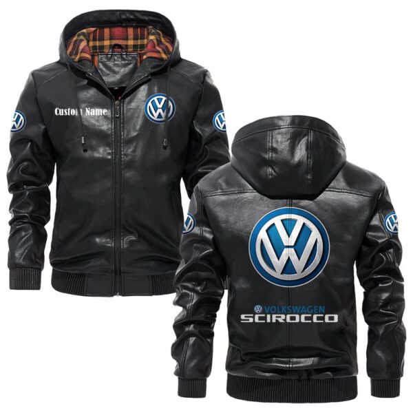 Custom Name Volkswagen Scirocco PU Leather Hooded Jacket – Personalized Logo Car Motorcycle Model