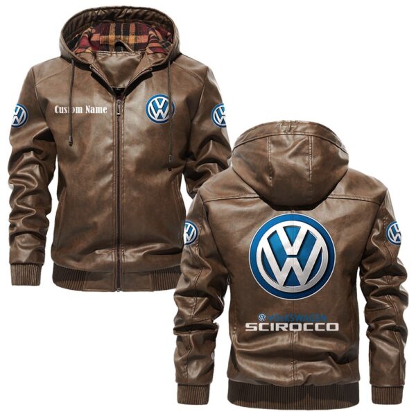 Custom Name Volkswagen Scirocco PU Leather Hooded Jacket – Personalized Logo Car Motorcycle Model - Image 3