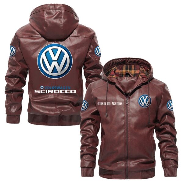 Custom Name Volkswagen Scirocco PU Leather Hooded Jacket – Personalized Logo Car Motorcycle Model - Image 2