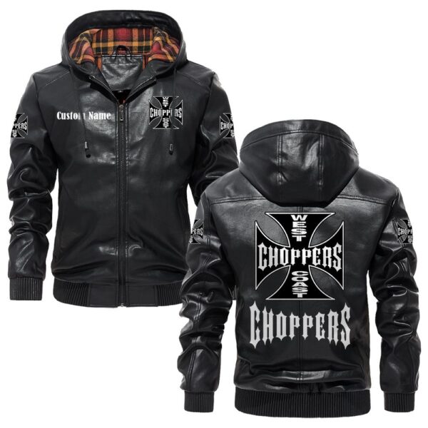 Custom Name West Coast Choppers PU Leather Hooded Jacket - Personalized Logo Car Motorcycle Model