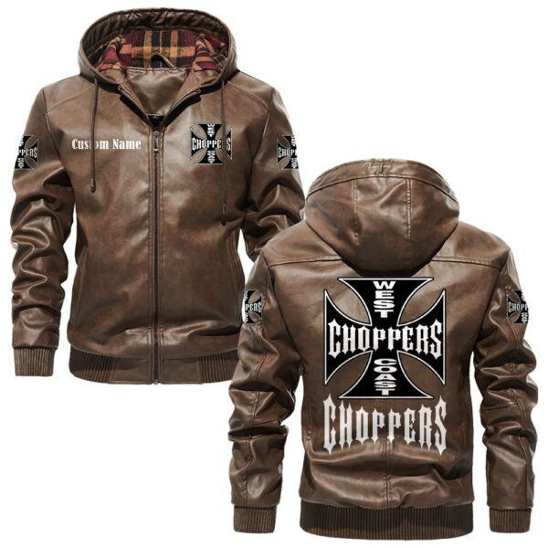 Custom Name West Coast Choppers PU Leather Hooded Jacket - Personalized Logo Car Motorcycle Model - Image 3