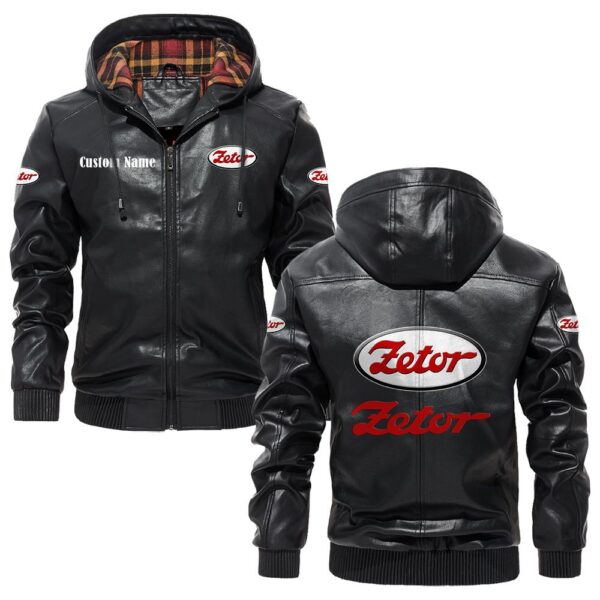 Custom Name Zetor PU Leather Hooded Jacket - Personalized Logo Car Motorcycle Model