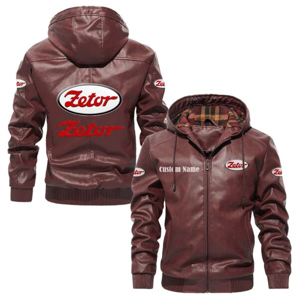 Custom Name Zetor PU Leather Hooded Jacket - Personalized Logo Car Motorcycle Model - Image 2