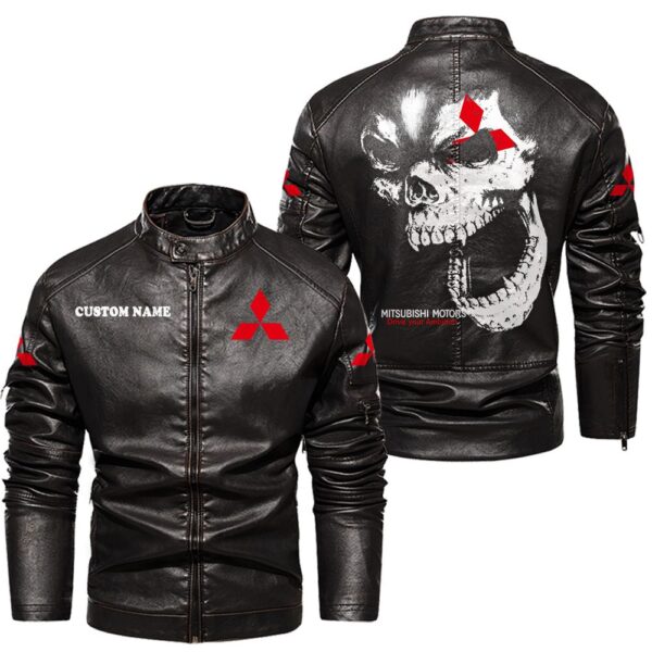 Custom Name Mitsubishi Skull Leather Jacket - Personalized Logo Car Motorcycle Model - Image 3