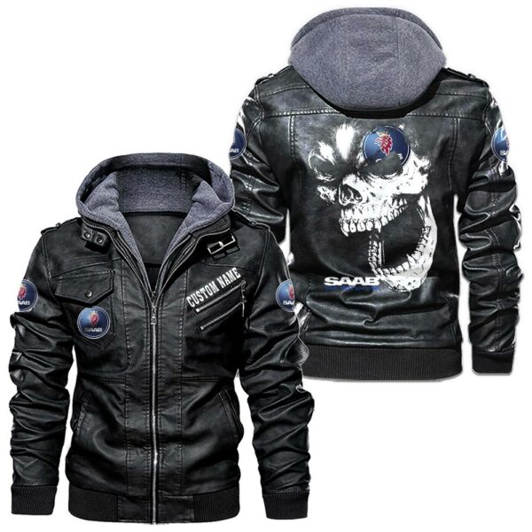 Custom Name Saab Skull Leather Jacket - Personalized Logo Car Motorcycle Model