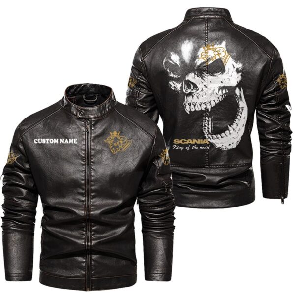 Custom Name Scania V8 Skull Leather Jacket - Personalized Logo Car Motorcycle Model - Image 3