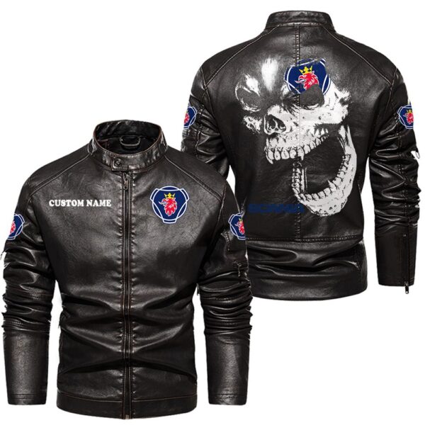Custom Name Scania Skull Leather Jacket - Personalized Logo Car Motorcycle Model - Image 3