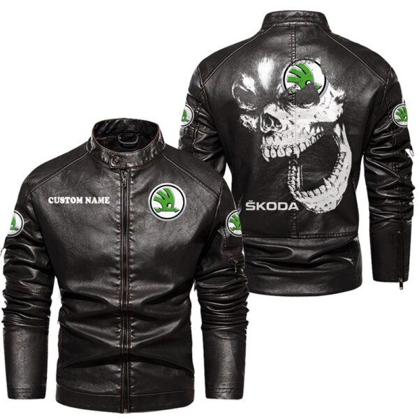 Custom Name Skoda Skull Leather Jacket - Personalized Logo Car Motorcycle Model - Image 3