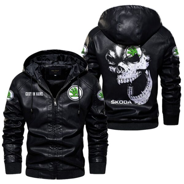 Custom Name Skoda Skull Leather Jacket - Personalized Logo Car Motorcycle Model - Image 5