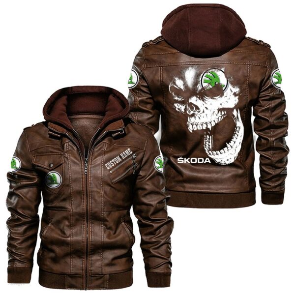 Custom Name Skoda Skull Leather Jacket - Personalized Logo Car Motorcycle Model - Image 2
