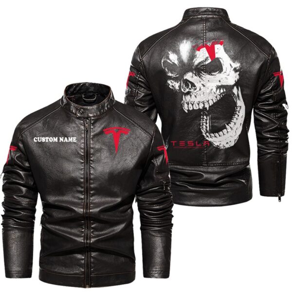 Custom Name Tesla Motors Skull Leather Jacket - Personalized Logo Car Motorcycle Model - Image 3