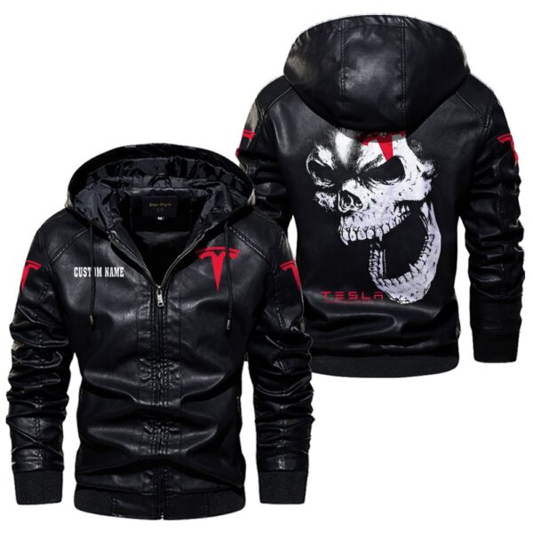 Custom Name Tesla Motors Skull Leather Jacket - Personalized Logo Car Motorcycle Model - Image 5