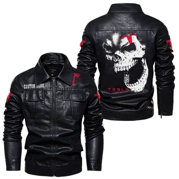 Custom Name Tesla Motors Skull Leather Jacket - Personalized Logo Car Motorcycle Model - Image 7