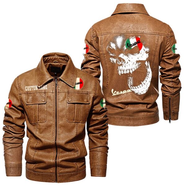 Custom Name Vespa Skull Leather Jacket - Personalized Logo Car Motorcycle Model - Image 8