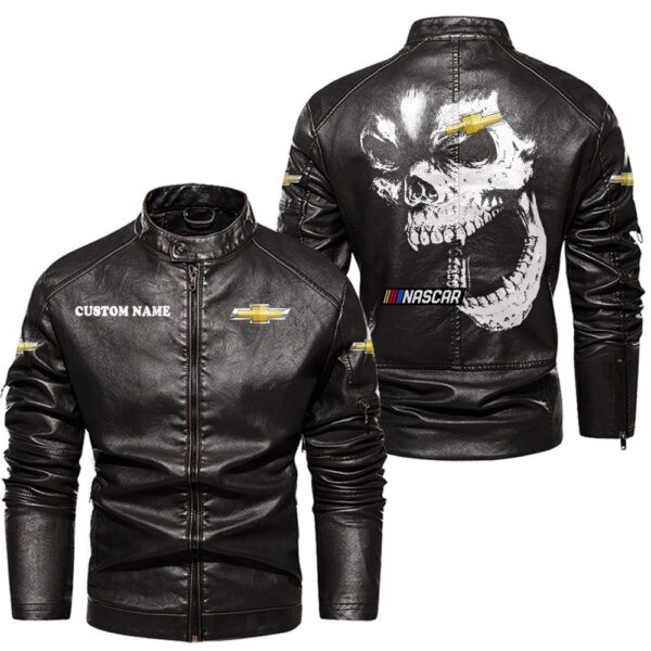 Custom Name Chevy Nascar Skull Leather Jacket - Personalized Logo Car Motorcycle Model - Image 3