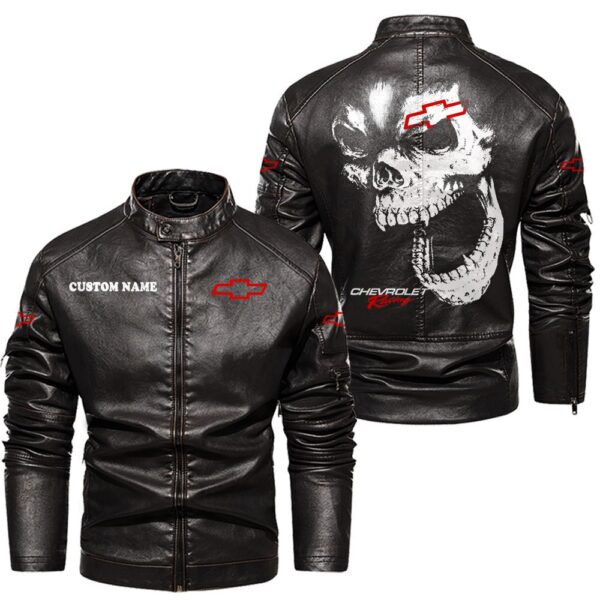 Custom Name Chevy Racing Skull Leather Jacket - Personalized Logo Car Motorcycle Model - Image 3