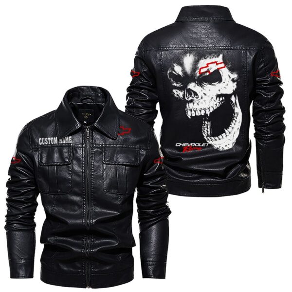 Custom Name Chevy Racing Skull Leather Jacket - Personalized Logo Car Motorcycle Model - Image 7