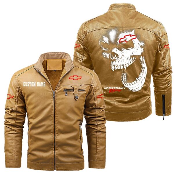 Custom Name Chevy Racing Skull Leather Jacket - Personalized Logo Car Motorcycle Model - Image 10