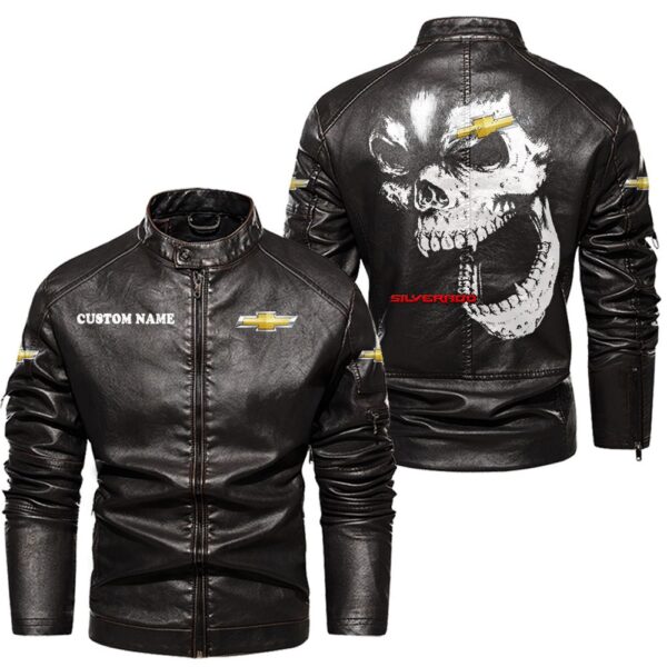 Custom Name Chevy Silverado Skull Leather Jacket - Personalized Logo Car Motorcycle Model - Image 3