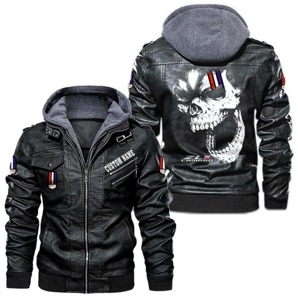 Custom Name Zl1 Leather Hooded Jacket - Personalized Logo Car Motorcycle Model