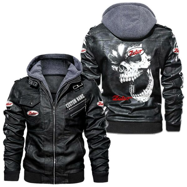 Custom Name Zetor Skull Leather Jacket - Personalized Logo Car Motorcycle Model