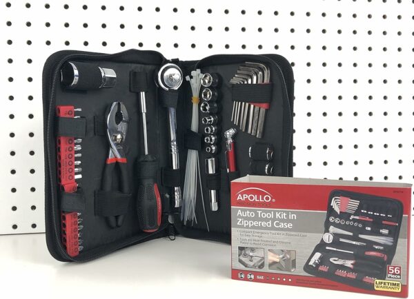 Apollo Tools 56-Piece SAE Compact Auto Tool Set with Zippered Case for Car and Motorcycle Repair - Red - Image 4