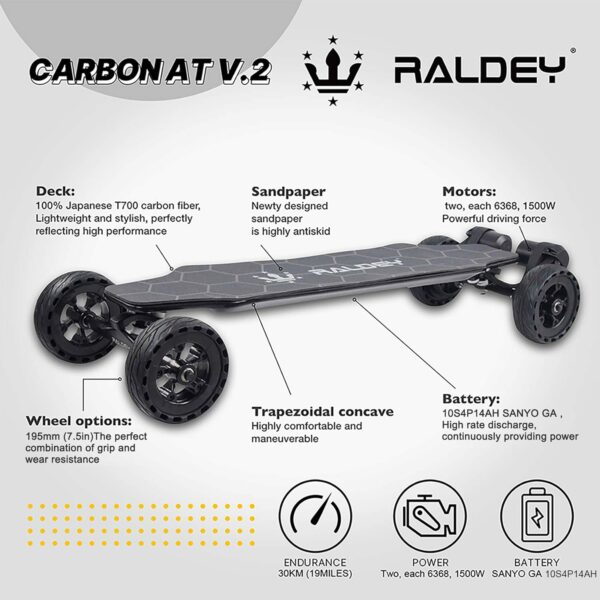 AT V.2 Carbon Fiber All-Terrain Electric Skateboard, 28MPH, 19-Mile Range, 3000W Dual Motor, Black, for Adults & Teens - Image 2
