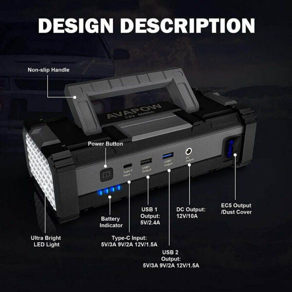 AVAPOW 6000A Car Jump Starter with Dual USB Quick Charge & LED Light for Gas & Diesel Engines - Image 2