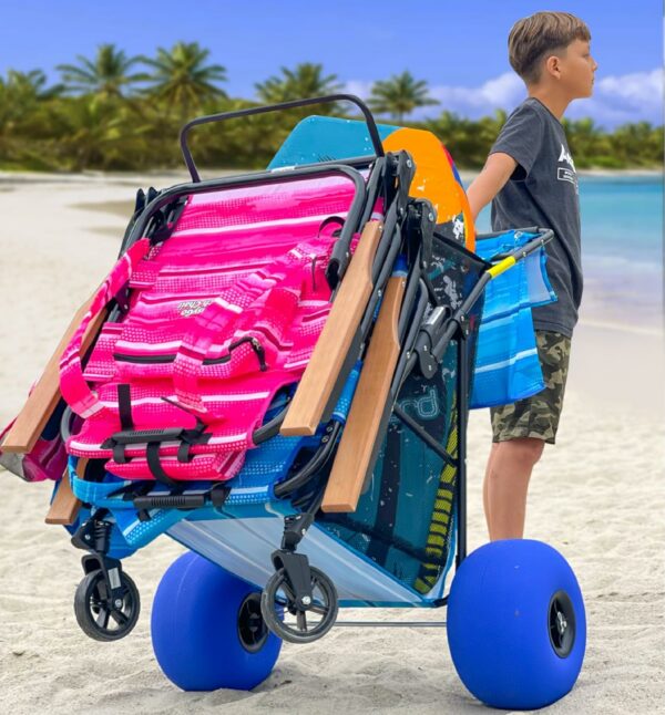 Beach Cart Deluxe Folding Utility Wagon - Heavy Duty, 13" Balloon Wheels, Removable Bag, Blue Striped, Holds 4 Chairs & Umbrella - Image 2
