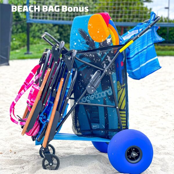 Beach Cart Deluxe Folding Utility Wagon - Heavy Duty, 13" Balloon Wheels, Removable Bag, Blue Striped, Holds 4 Chairs & Umbrella - Image 3